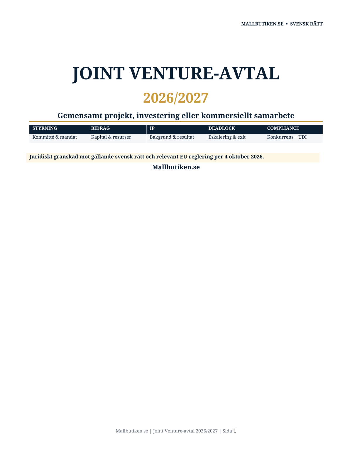 Omslag till svenskt Joint Venture-avtal 2026/2027 enligt svensk rätt