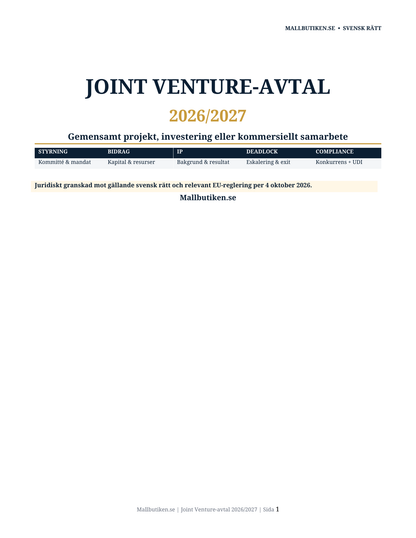 Omslag till svenskt Joint Venture-avtal 2026/2027 enligt svensk rätt