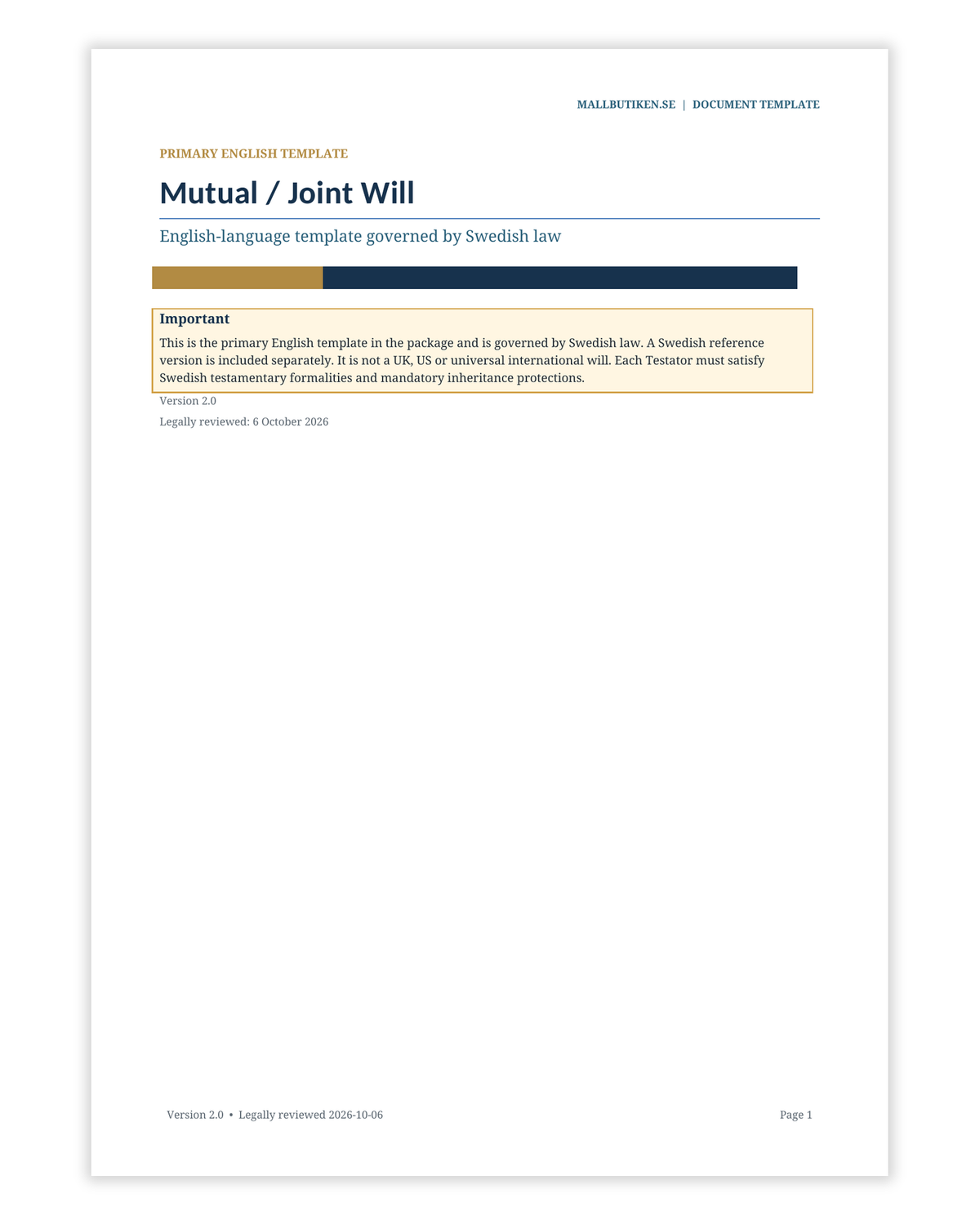 Preview of English mutual and joint will template governed by Swedish law