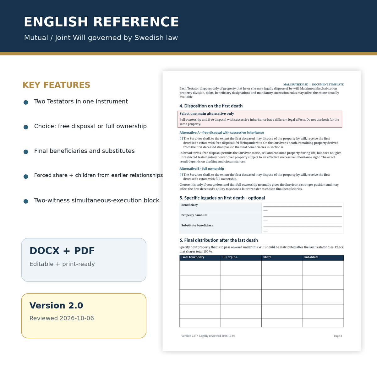 English reference preview of mutual joint will governed by Swedish law