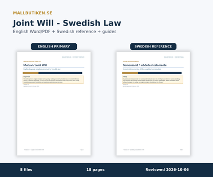 Joint Will under Swedish law – English Word/PDF template with Swedish reference and user guides
