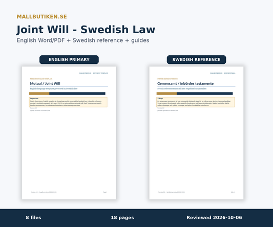 Joint Will under Swedish law – English Word/PDF template with Swedish reference and user guides