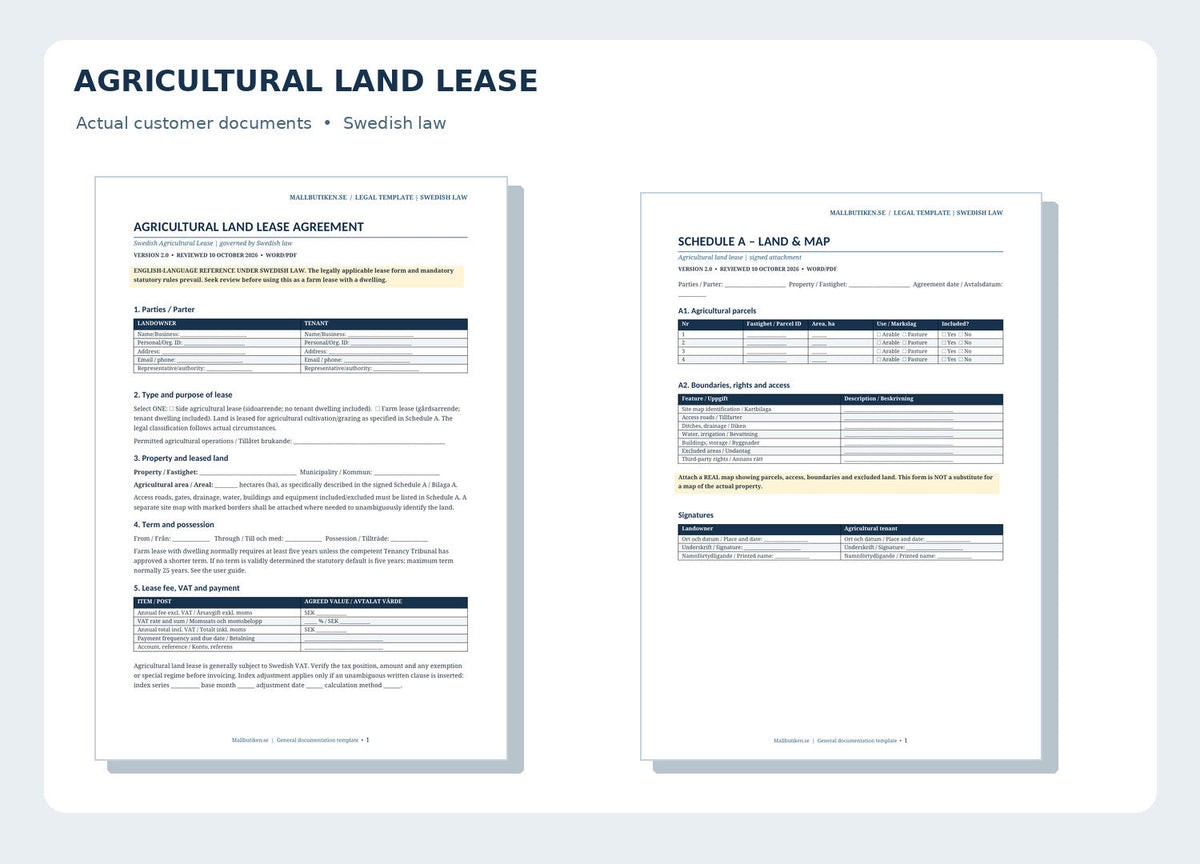 English reference agricultural land lease under Swedish law and Schedule A