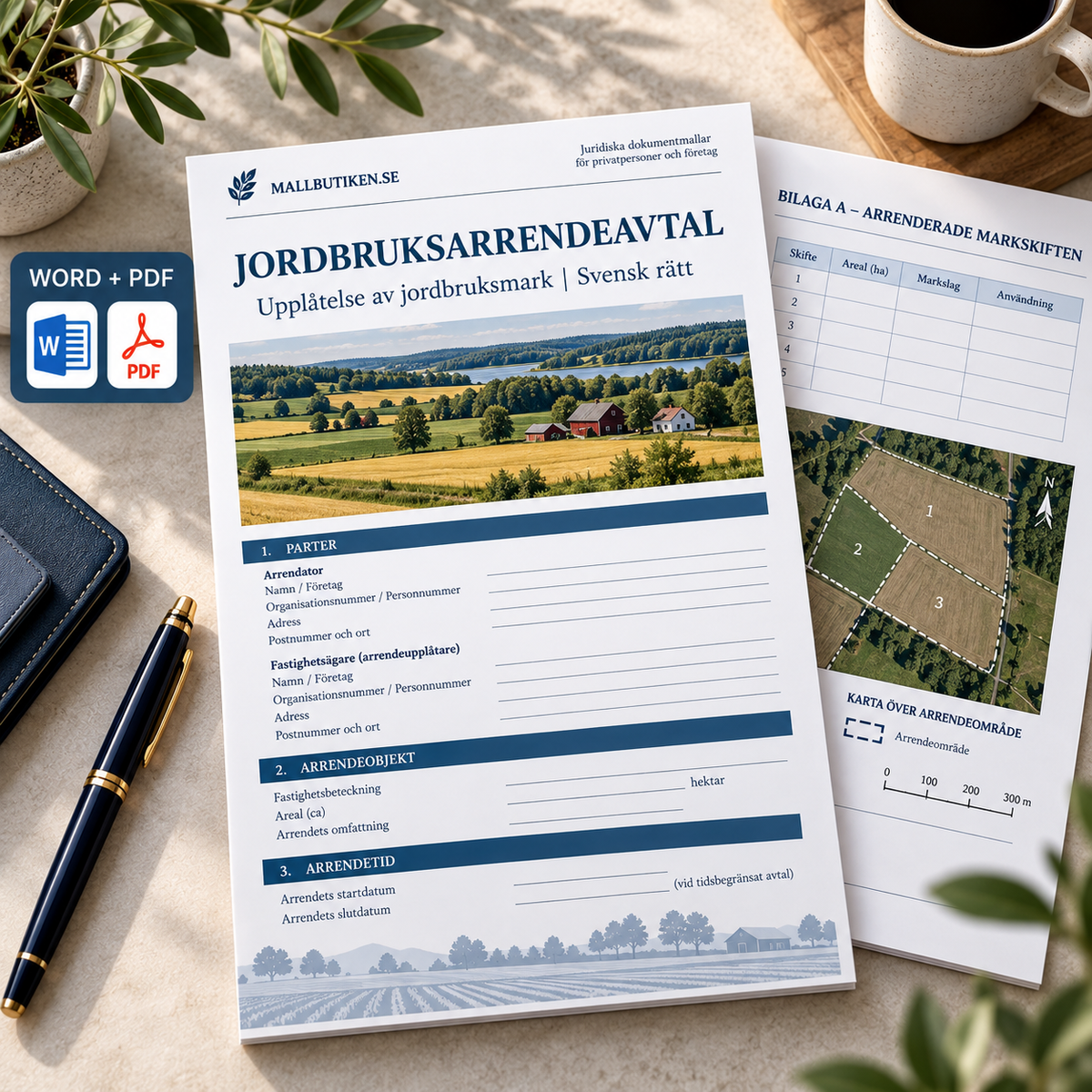 Jordbruksarrendeavtal Word PDF – svensk jordbruksmark, arrendeavgift och skiftesbilagor