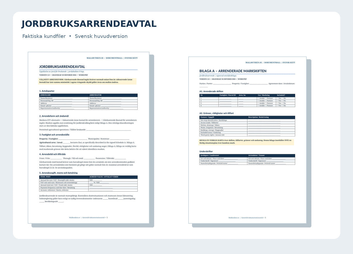 Faktisk förhandsvisning av svenskt jordbruksarrendeavtal och markskiftesbilaga A