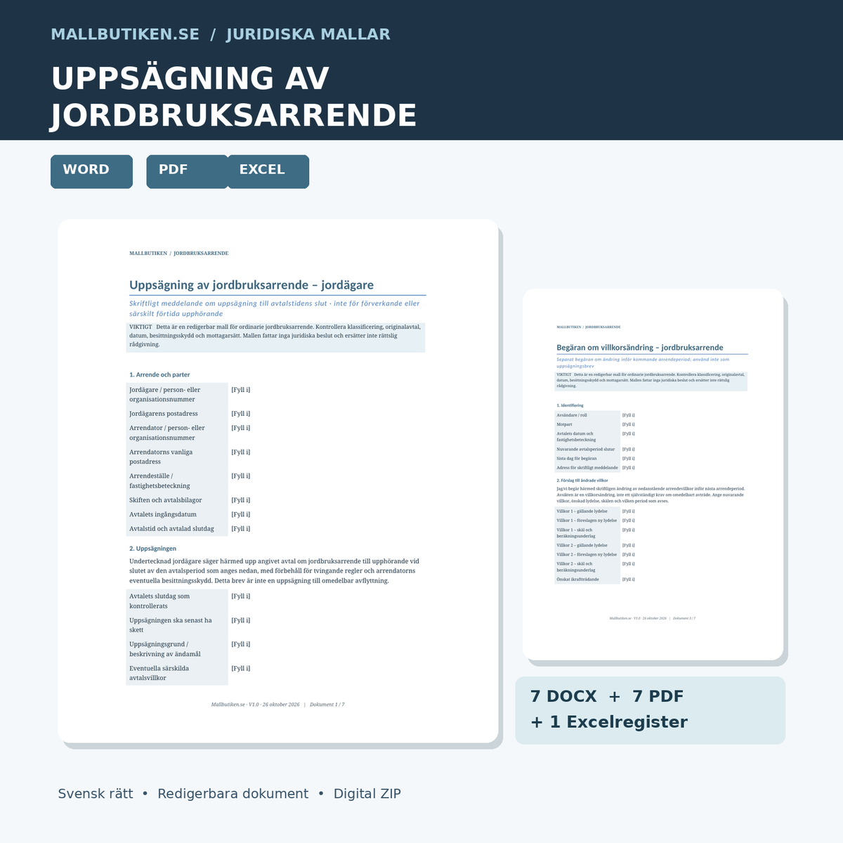 Uppsägning av jordbruksarrende Word PDF Excel – juridiska mallar för jordägare och arrendator