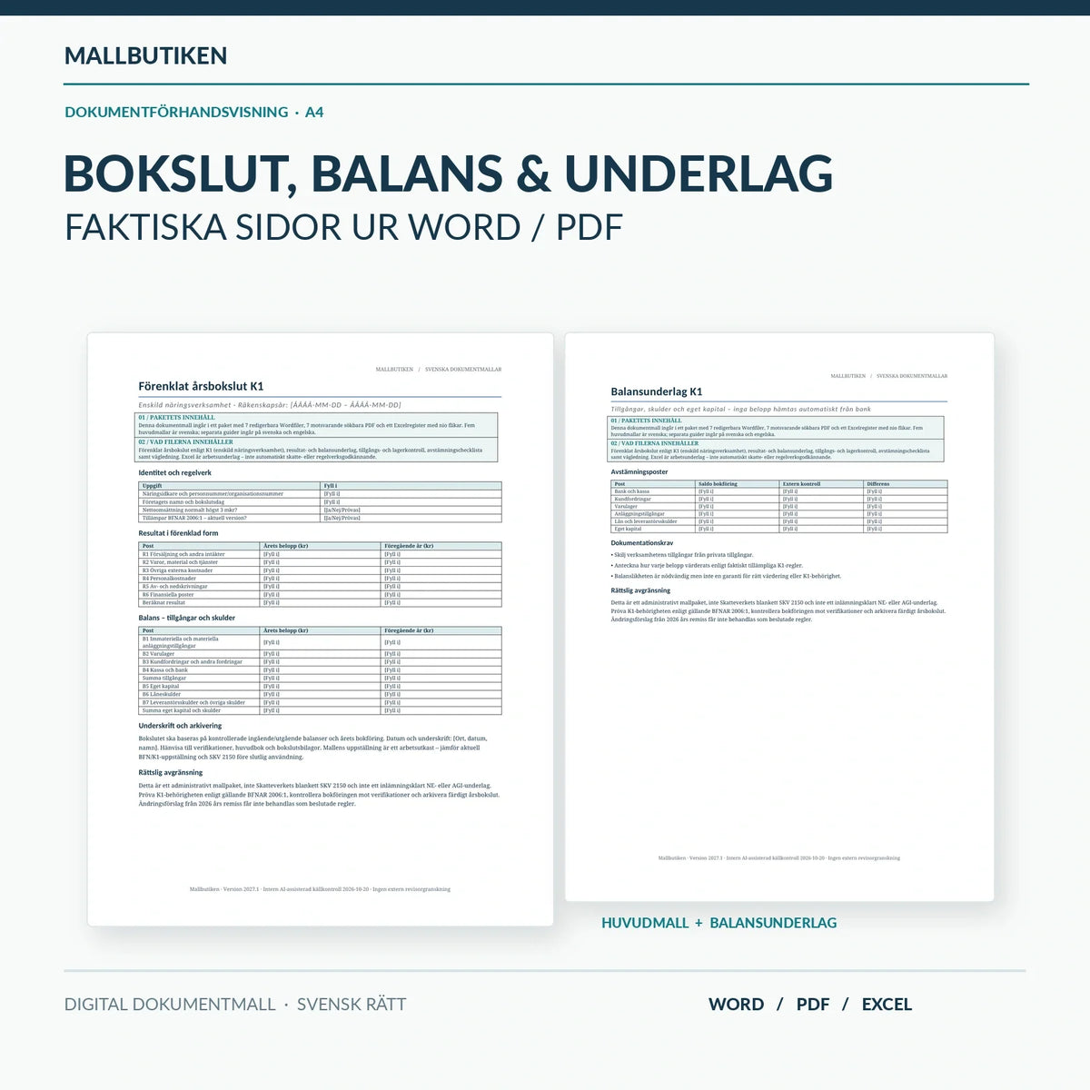 K1 årsbokslut för enskild firma – autentiska Word/PDF-sidor för huvudmall och balansunderlag