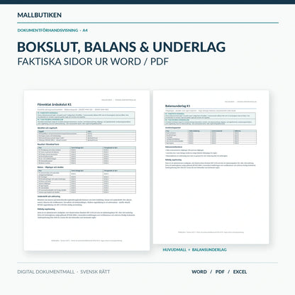 K1 årsbokslut för enskild firma – autentiska Word/PDF-sidor för huvudmall och balansunderlag