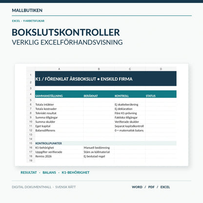 Excelöversikt för K1 enskild näringsverksamhet – verklig dashboard med resultat och balanskontroll