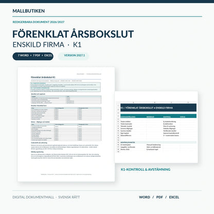 Förenklat årsbokslut K1 enskild firma 2027 – Word, PDF och Excel, verkliga dokumentförhandsvisningar