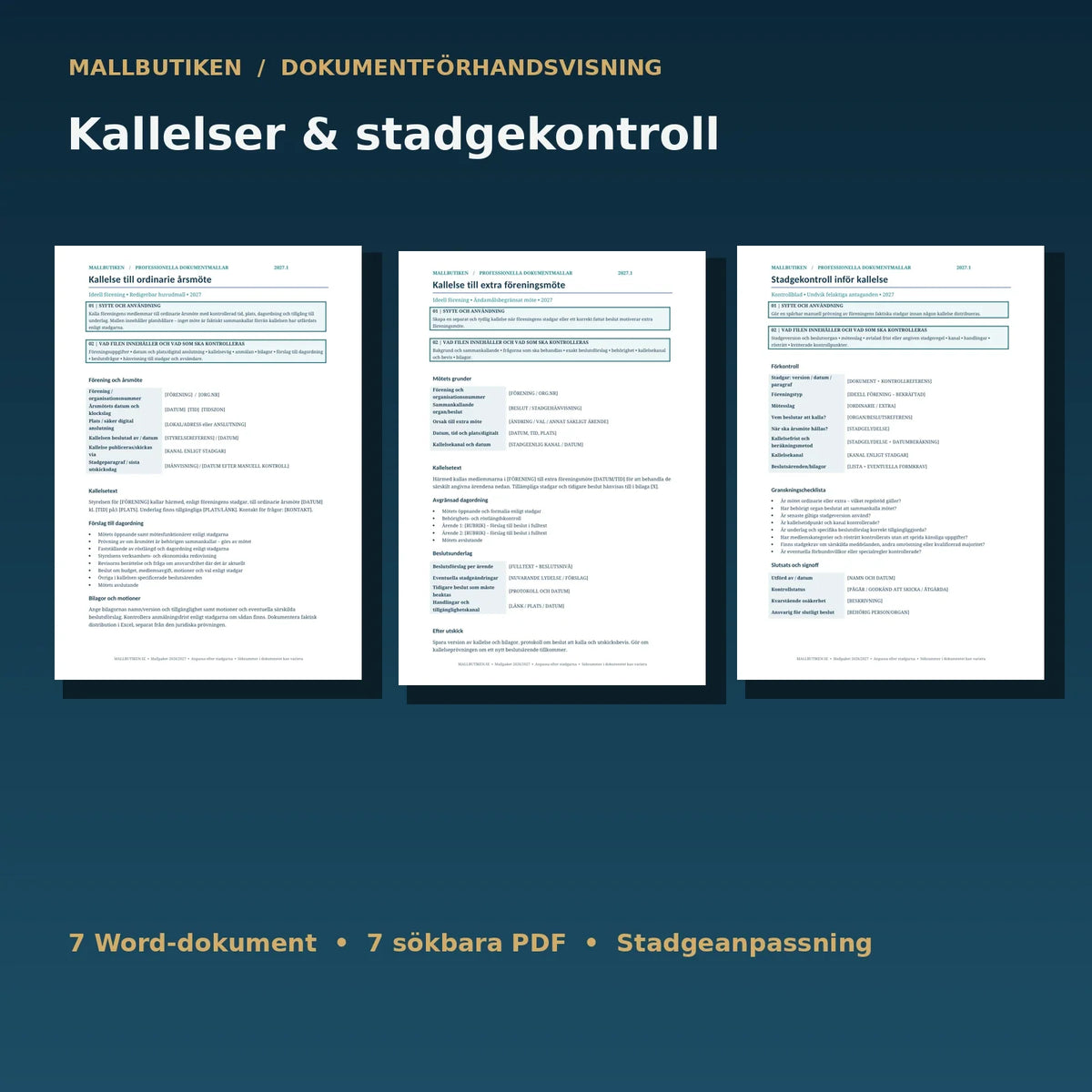 Verklig förhandsvisning av årsmöteskallelse, extra föreningsmöte och stadgekontroll i Word och PDF