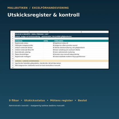 Excel-dashboard för möteskallelser och utskick med nio flikar, stadgekontroll och beslut