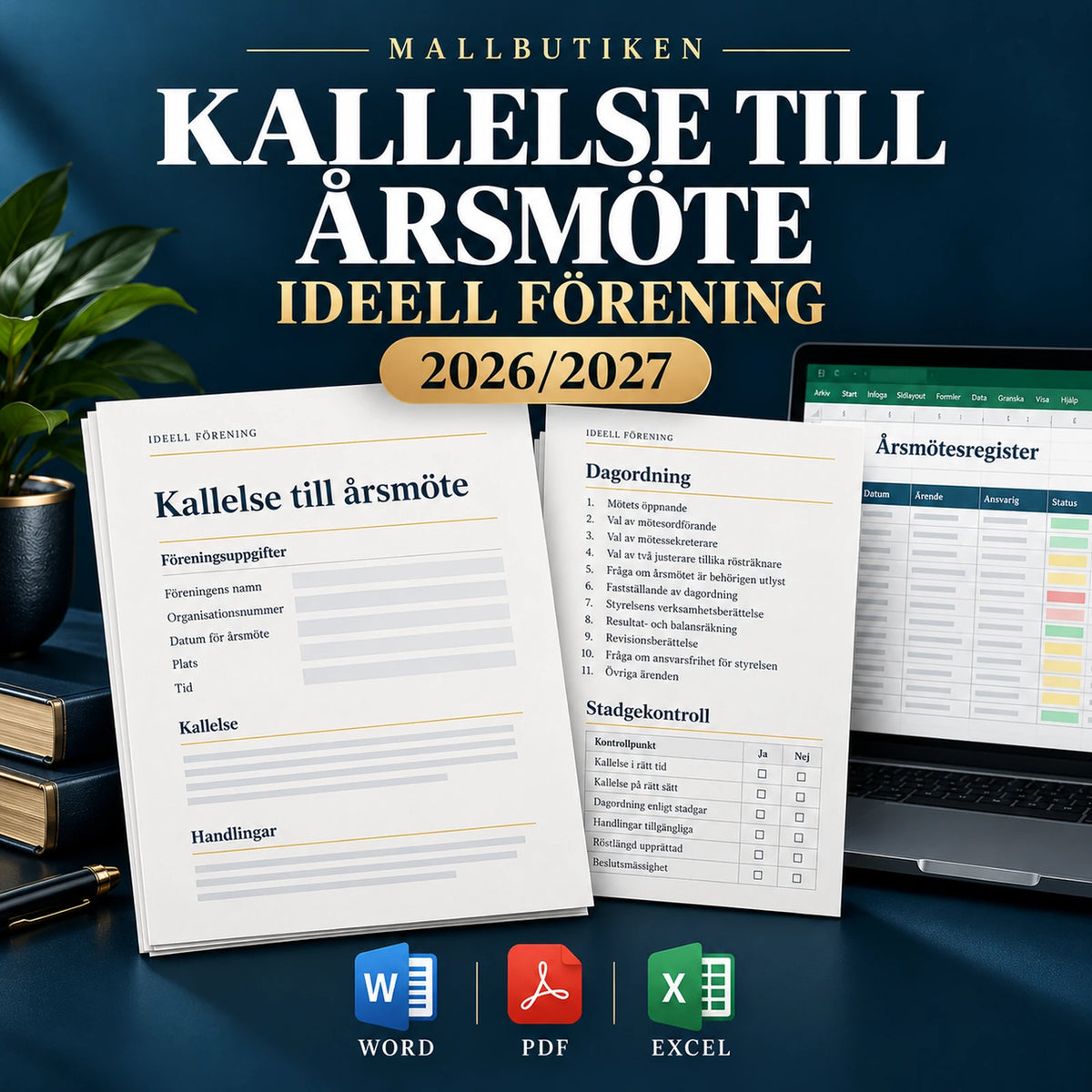 Kallelse till årsmöte ideell förening 2027 – Word PDF och Excelmall med stadgekontroll