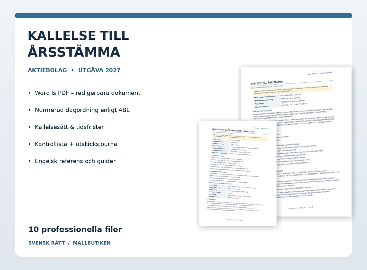 Kallelse till årsstämma aktiebolag Word PDF 2027 med dagordning, utskicksjournal och engelska guider