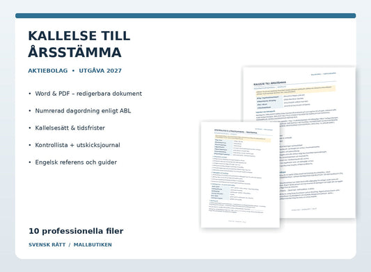 Kallelse till årsstämma aktiebolag Word PDF 2027 med dagordning, utskicksjournal och engelska guider