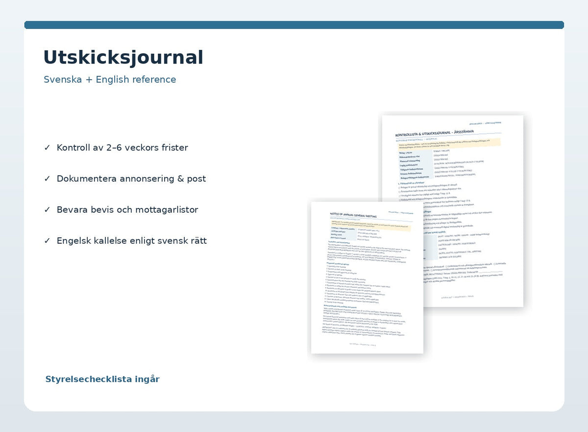Årsstämma kontrollista och utskicksjournal samt engelsk referenskallelse