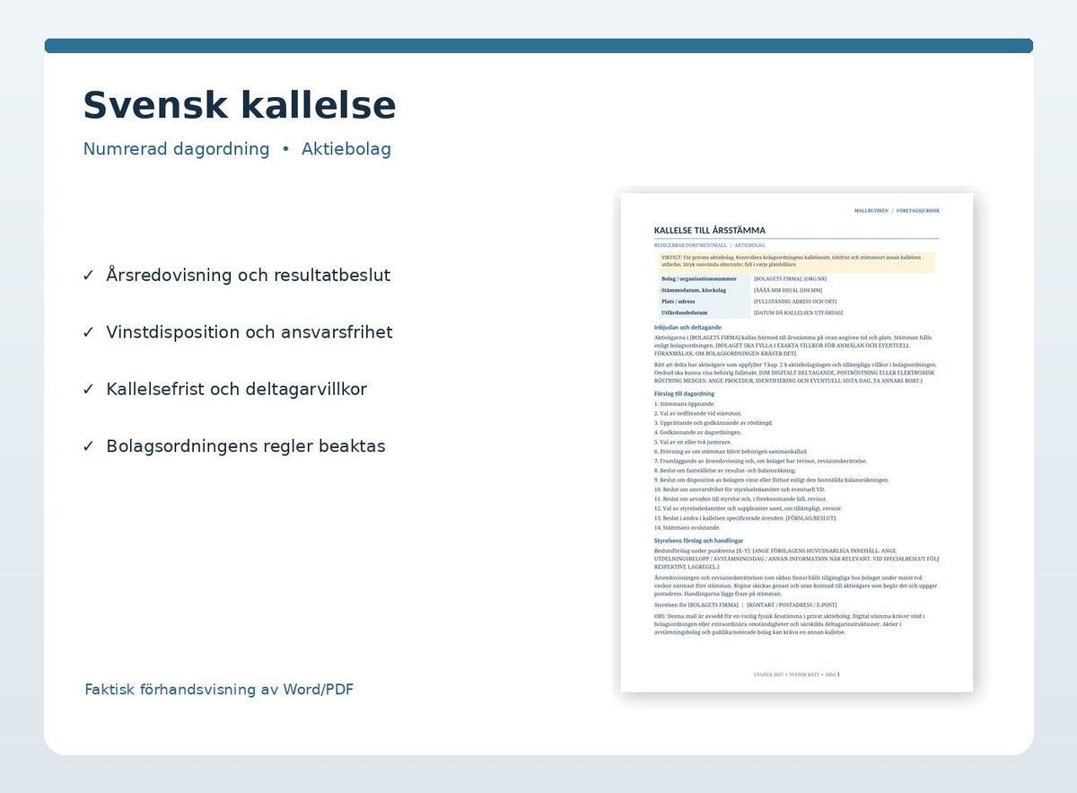 Svensk kallelse till årsstämma verklig dokumentpreview med numrerad dagordning