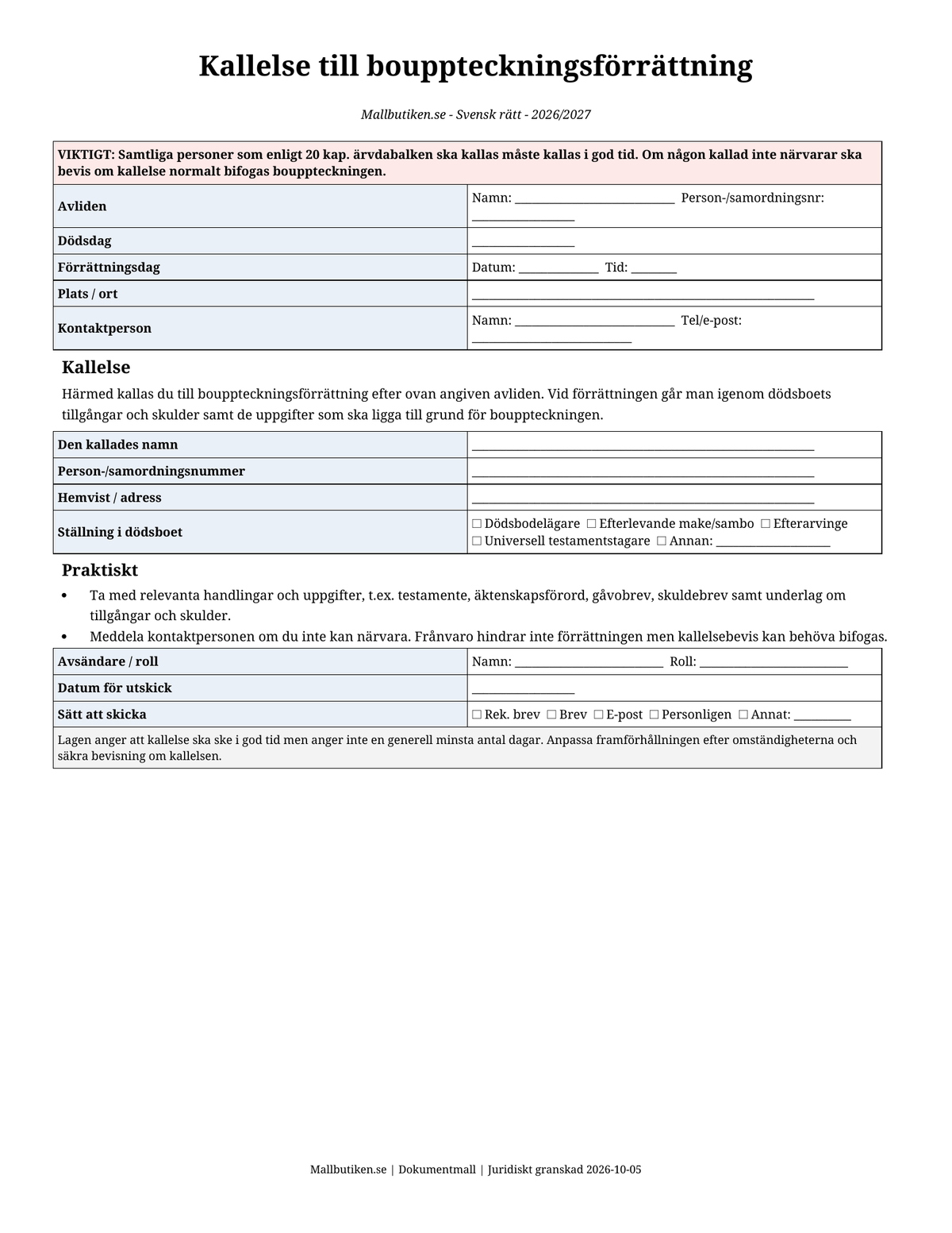 Kallelse till bouppteckningsförrättning 2026/2027 Word PDF