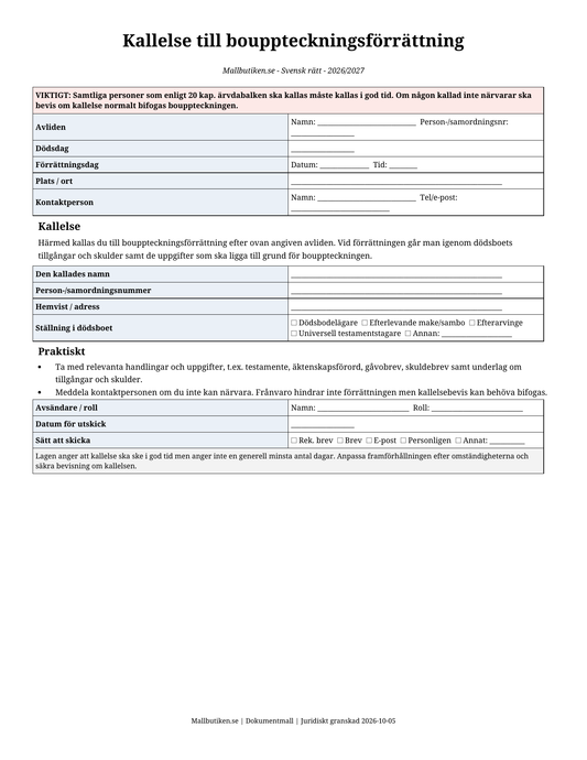 Kallelse till bouppteckningsförrättning 2026/2027 Word PDF