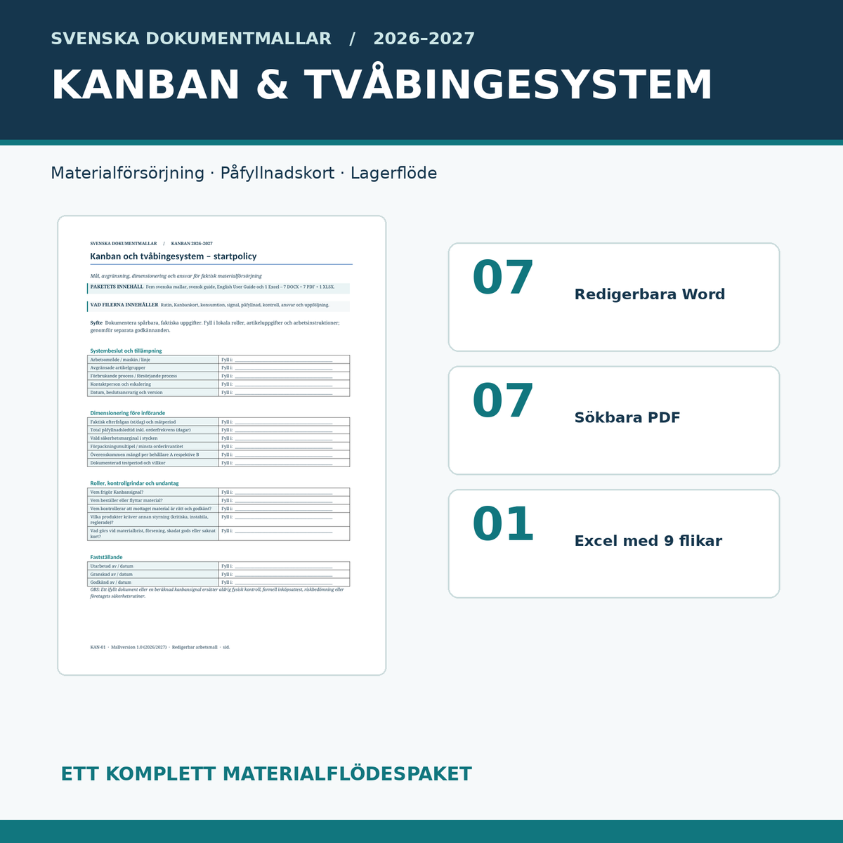 Kanban och tvåbingesystem 2026/2027 med fem Wordmallar, guider, PDF och Excel