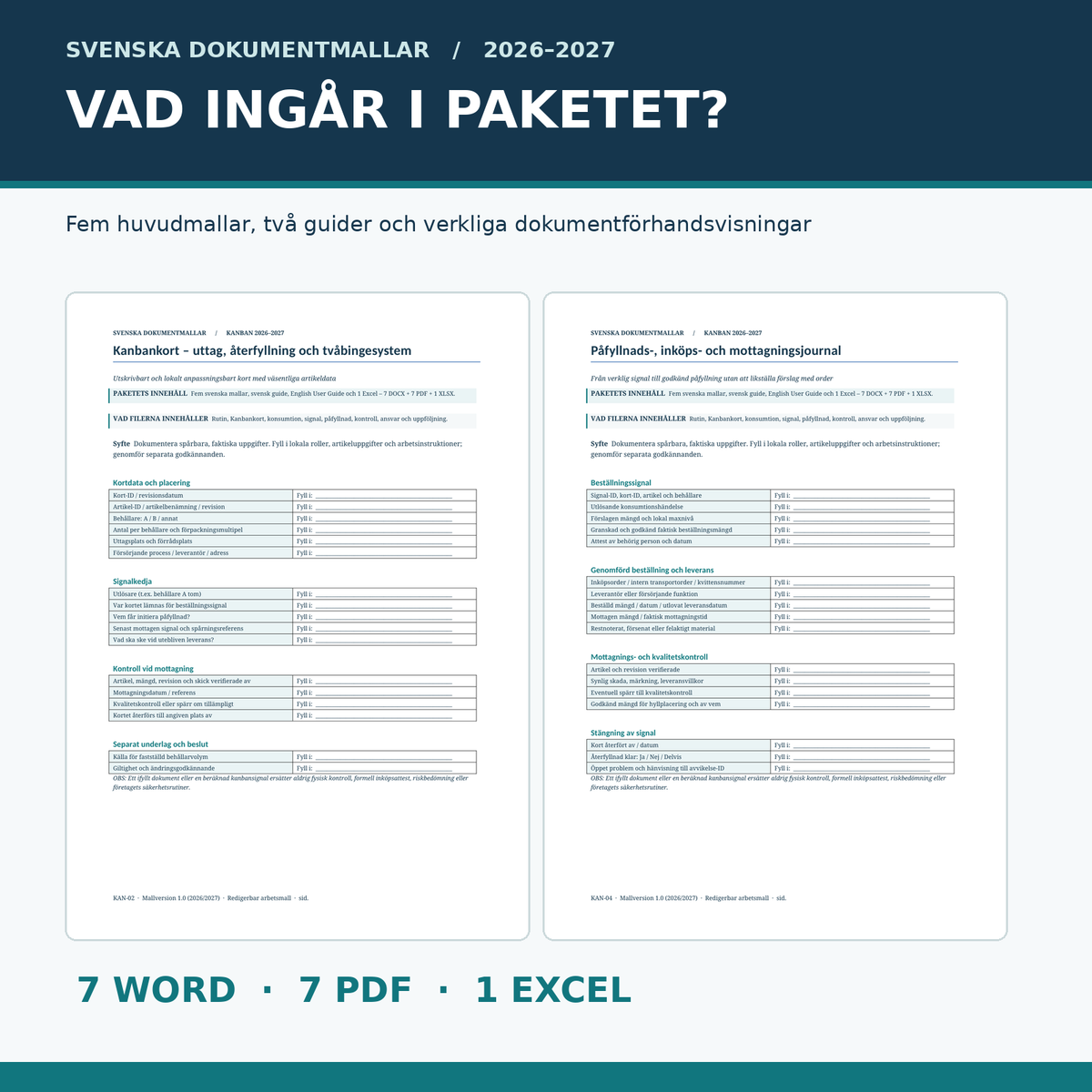 Kanbankort och påfyllnadsjournal verkliga dokumentförhandsvisningar