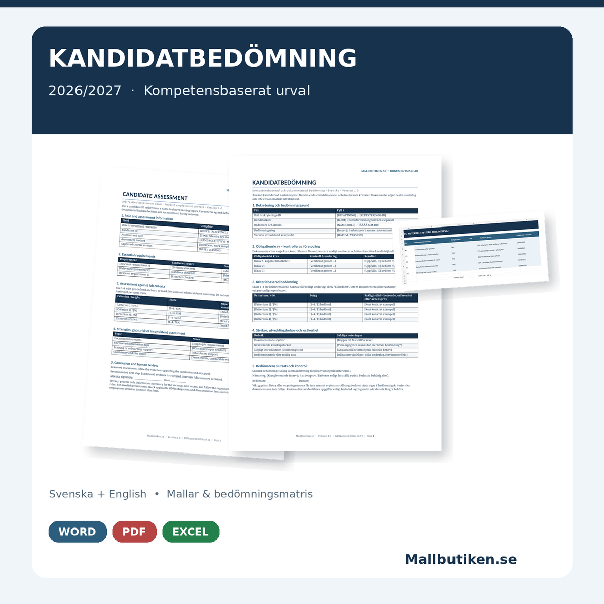 Kandidatbedömning 2026/2027 mall Word PDF Excel svenska English