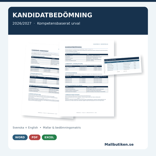 Kandidatbedömning 2026/2027 mall Word PDF Excel svenska English