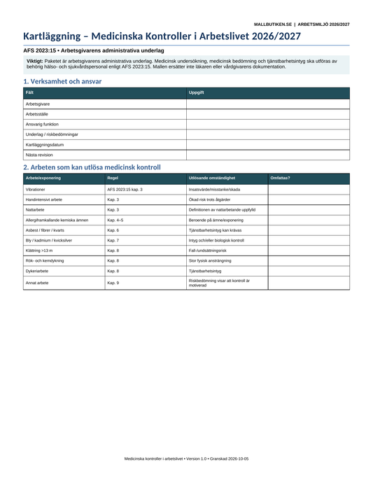 Kartläggning medicinska kontroller arbetslivet 2026/2027 AFS 2023:15 Word PDF