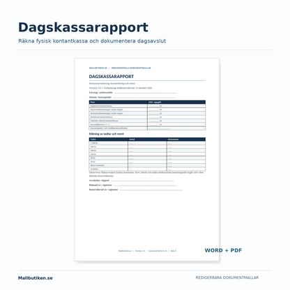 Dagskassarapport med kassaräkning och kassadifferenser – svensk Word och PDFmall