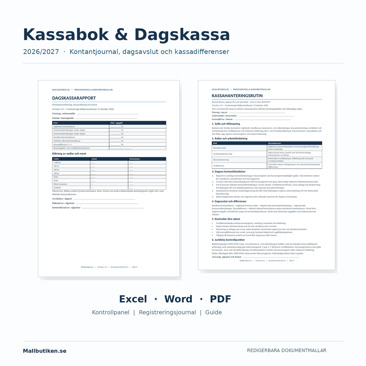 Kassabok och dagskassa 2026/2027 – Word PDF och Excelpaket med verkliga dokument