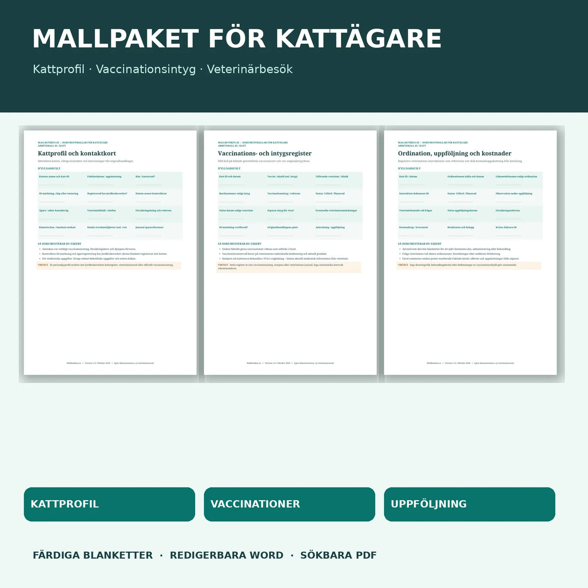 Kattprofil, vaccinationsregister och veterinärbesök i Word och PDF – riktiga dokumentförhandsvisningar