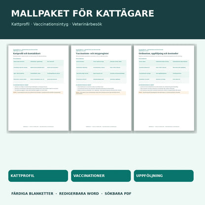 Kattprofil, vaccinationsregister och veterinärbesök i Word och PDF – riktiga dokumentförhandsvisningar