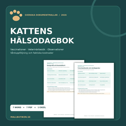 Kattens hälsodagbok med veterinärbesökslogg – verkliga Wordmallar och sökbara PDF