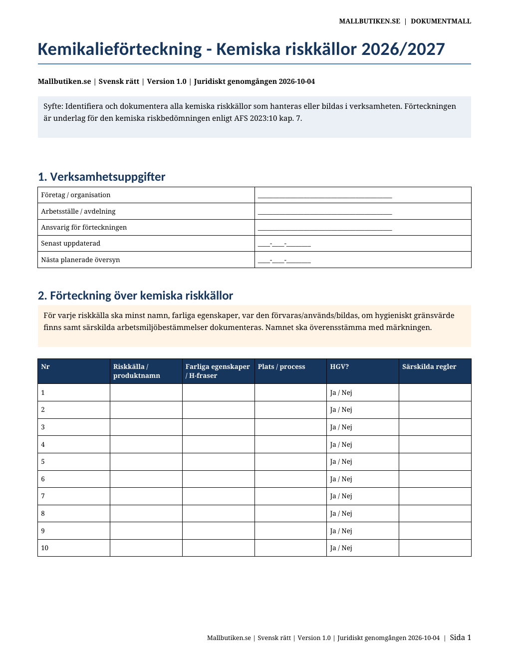 Kemikalieförteckning kemiska riskkällor 2026/2027 Word PDF
