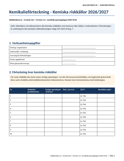 Kemikalieförteckning kemiska riskkällor 2026/2027 Word PDF