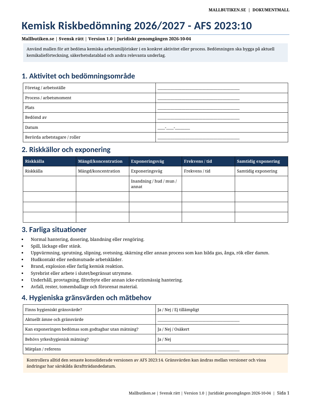 Kemisk riskbedömning 2026/2027 AFS 2023:10 Word PDF