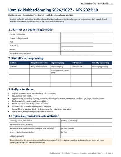 Kemisk riskbedömning 2026/2027 AFS 2023:10 Word PDF