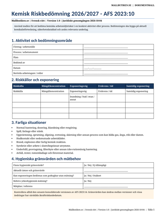Kemisk riskbedömning 2026/2027 AFS 2023:10 Word PDF