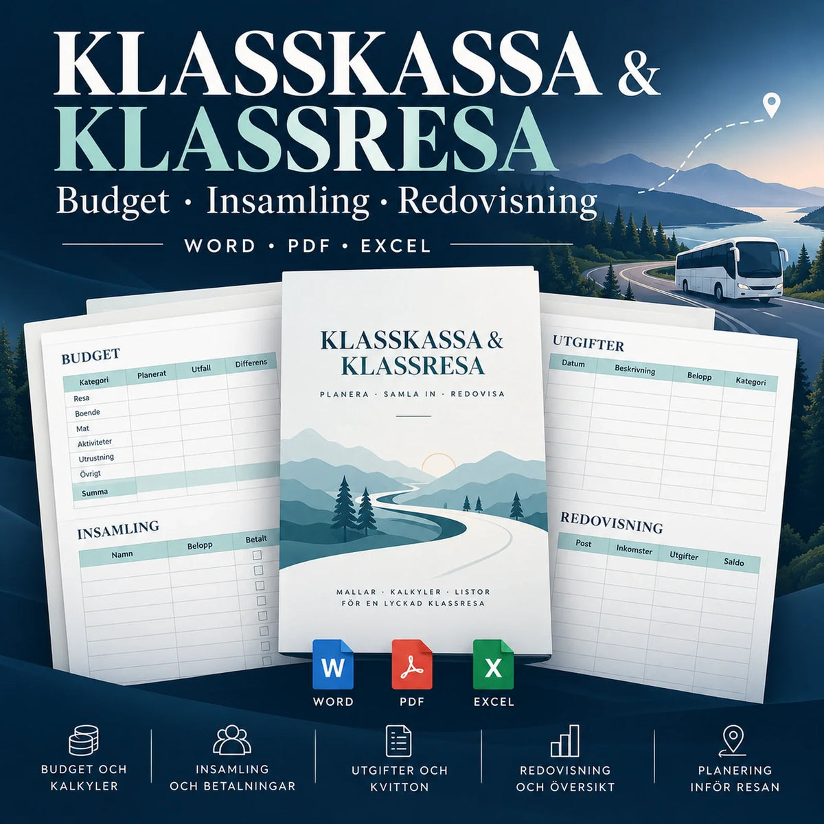 Illustrerad omslagsbild för Klasskassa och Klassresa med budget, insamling och redovisning