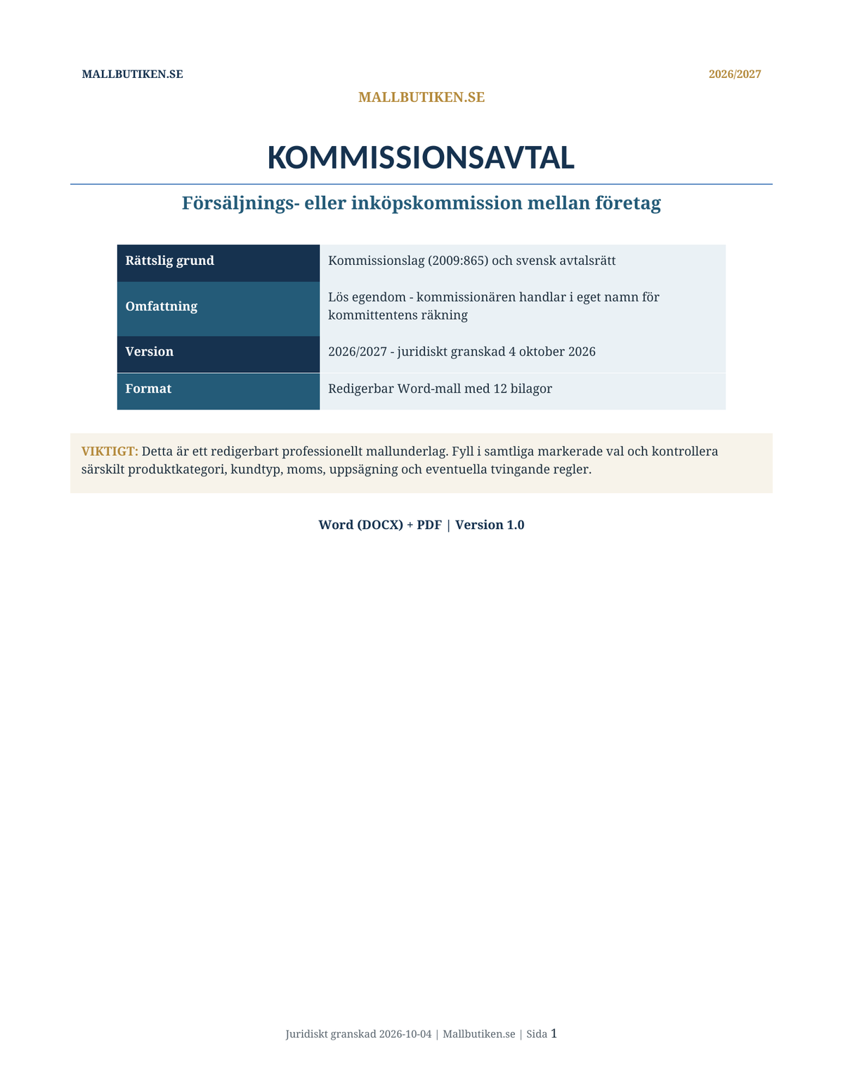 Omslag till svenskt Kommissionsavtal 2026/2027 enligt svensk rätt