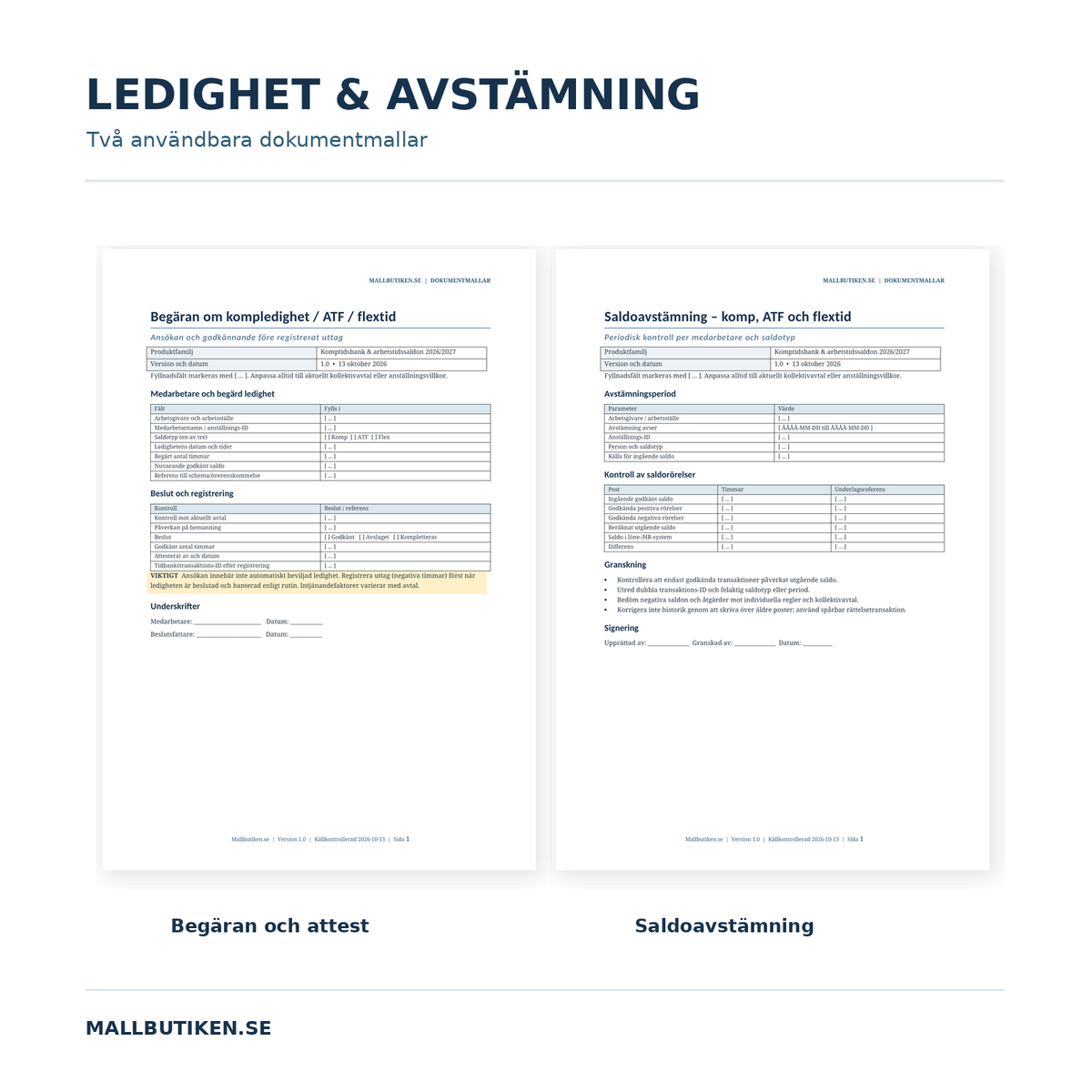 Begäran om kompensationsledighet och saldoavstämning i Word och PDF
