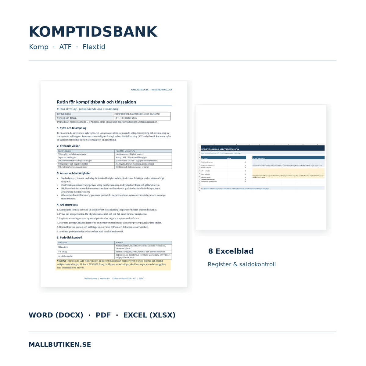 Komptidsbank och arbetstidssaldon 2026/2027 – Word PDF Excel med Komp ATF Flextid