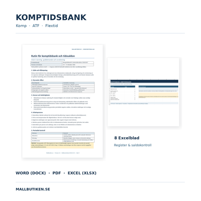 Komptidsbank och arbetstidssaldon 2026/2027 – Word PDF Excel med Komp ATF Flextid