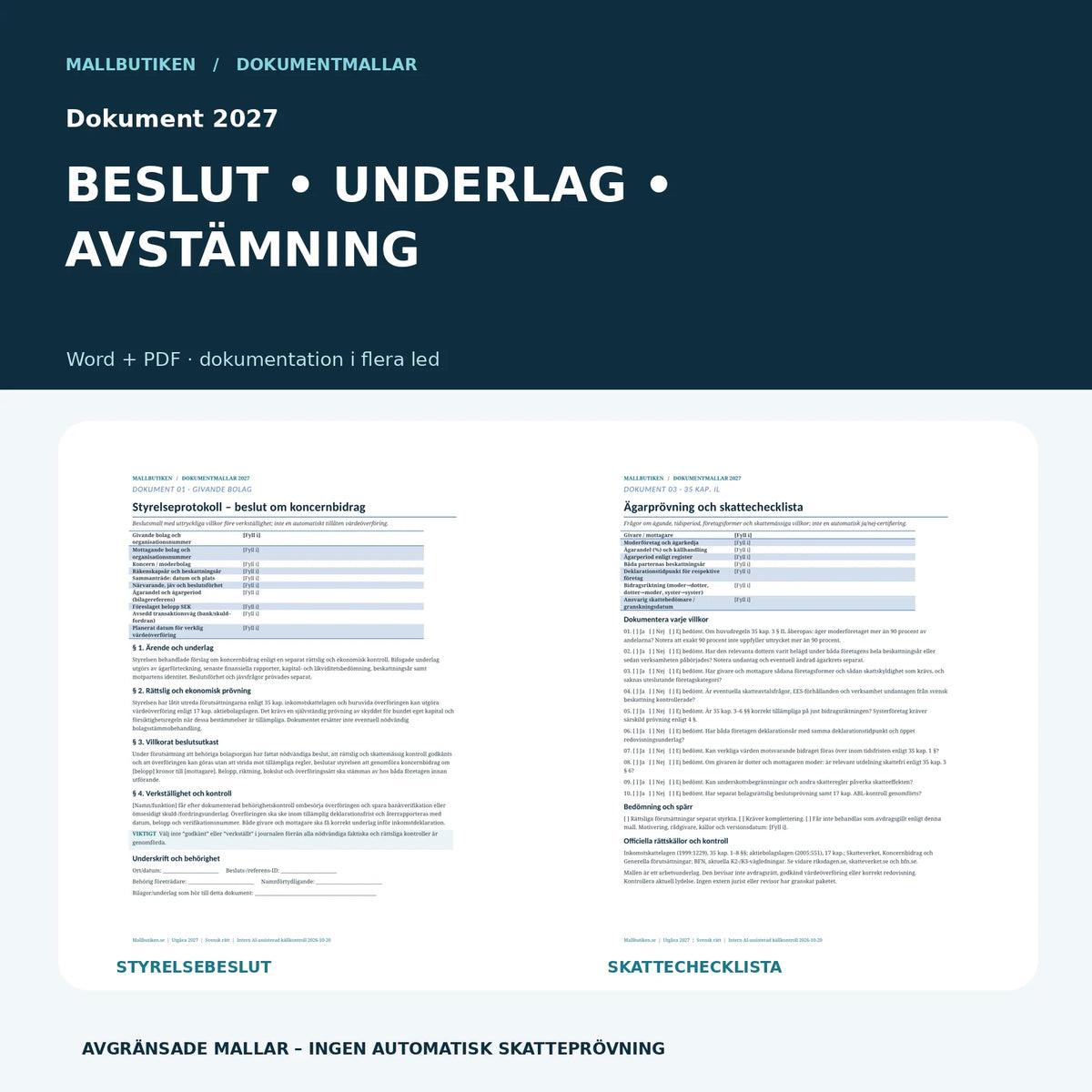 Förhandsvisning av verkliga koncernbidragsmallar – styrelsebeslut och skattechecklista för svensk rätt