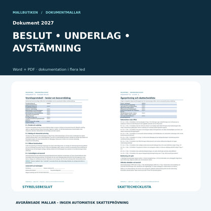 Förhandsvisning av verkliga koncernbidragsmallar – styrelsebeslut och skattechecklista för svensk rätt