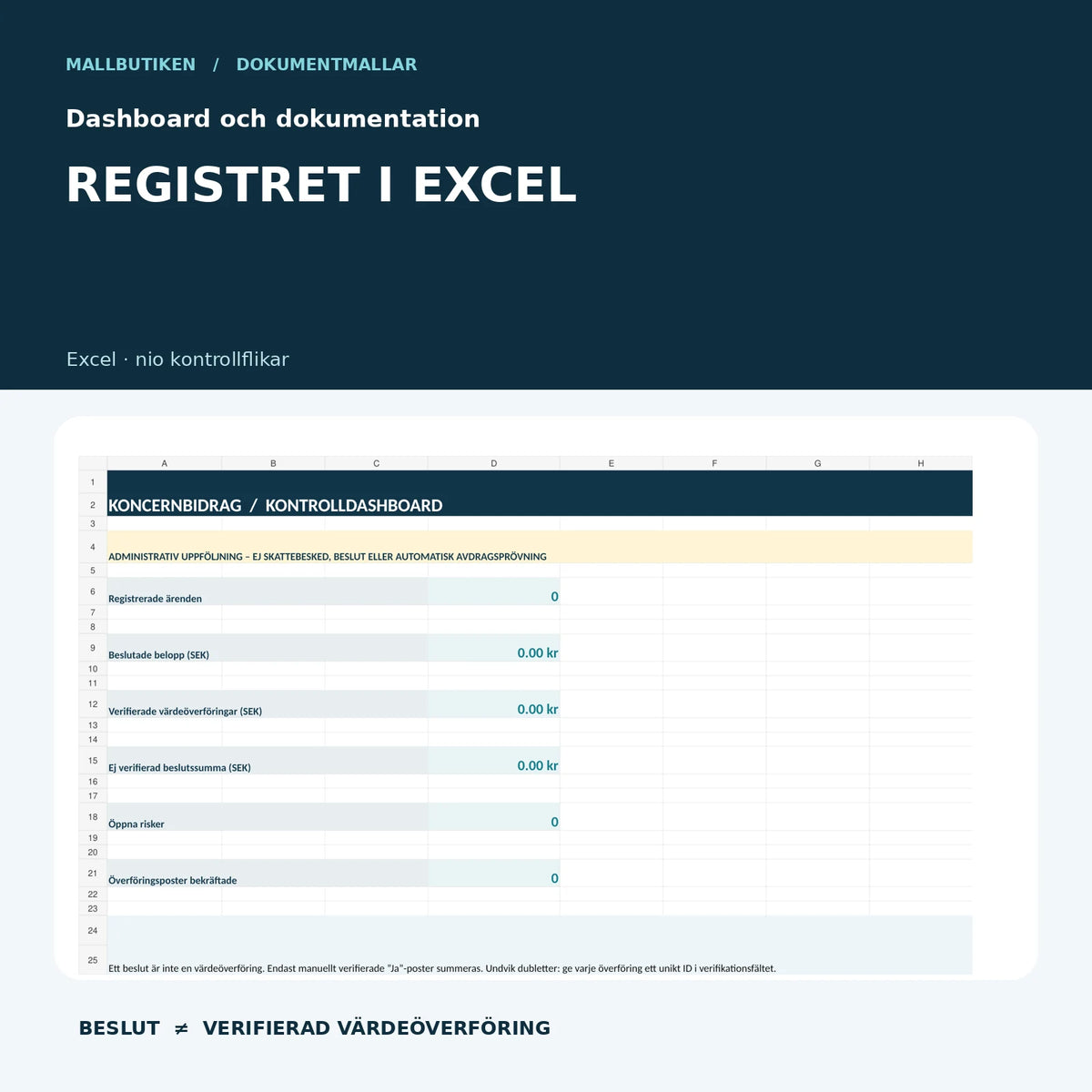 Koncernbidragsregister i Excel 2027 – nio flikar, värdeöverföringar och dashboard utan automatisk avdragsprövning