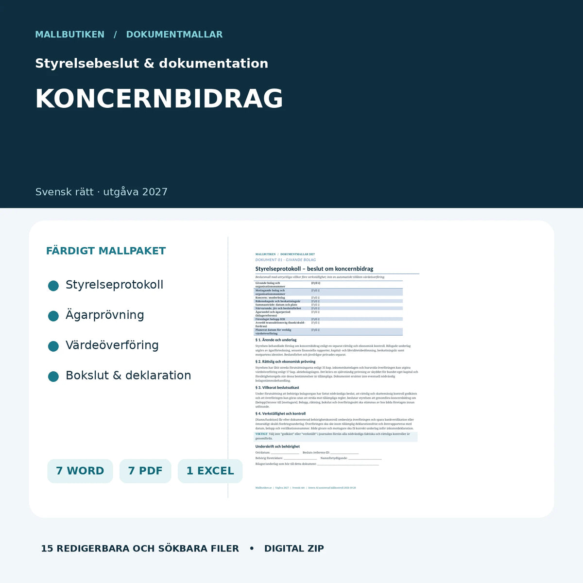 Koncernbidrag 2026/2027 – styrelsebeslut, ägarprövning och Excelregister med 7 Word, 7 PDF och 1 Excel