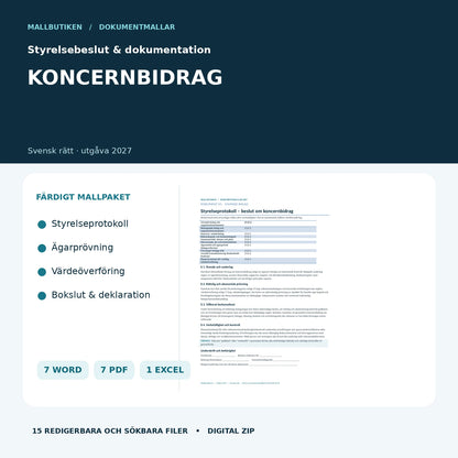 Koncernbidrag 2026/2027 – styrelsebeslut, ägarprövning och Excelregister med 7 Word, 7 PDF och 1 Excel
