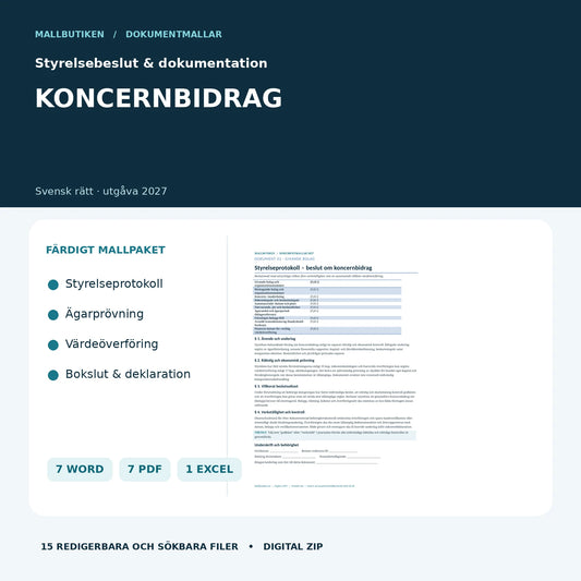 Koncernbidrag 2026/2027 – styrelsebeslut, ägarprövning och Excelregister med 7 Word, 7 PDF och 1 Excel