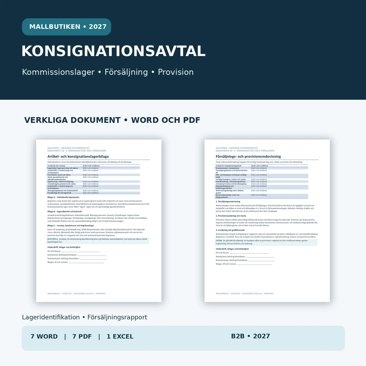 Förhandsvisning av faktiska Word och PDF: artikelbilaga, inleverans, försäljning i kommission och provisionsredovisning